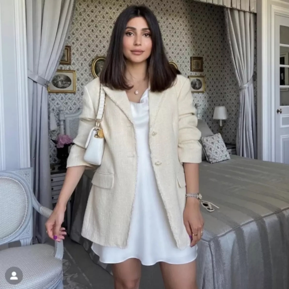 Zara Textured Blazer Jacket M Off white Single-breast Bloggers Favorite 2696/467